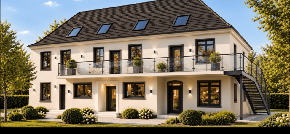 Vorderansicht Haus KI modifiziert Erdgeschosswohnung Wiesbaden