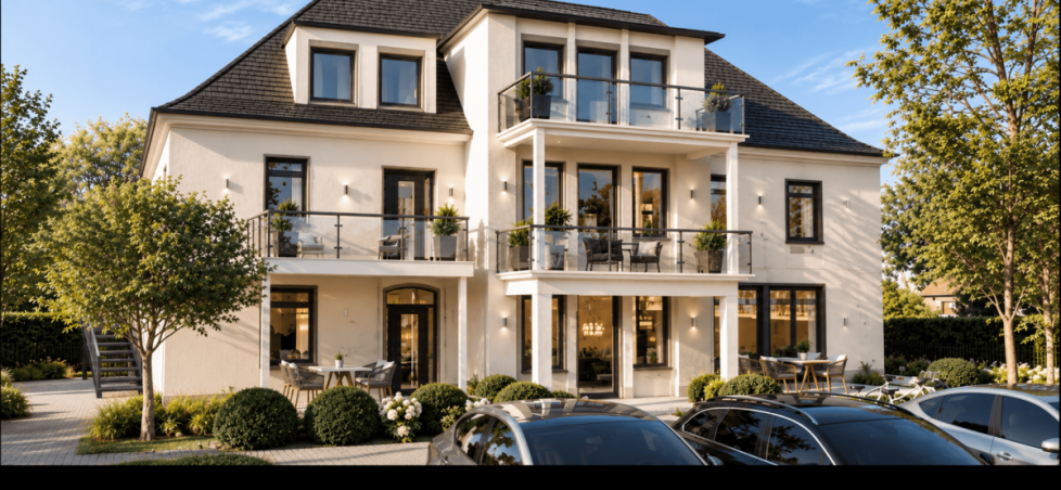 R�ckansicht Haus KI modifiziert Erdgeschosswohnung Wiesbaden